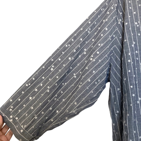 JOHNNY WAS WORKSHOP Stars & Stripes Lace-Up Top Gray Chambray Boho - Picture 9 of 13